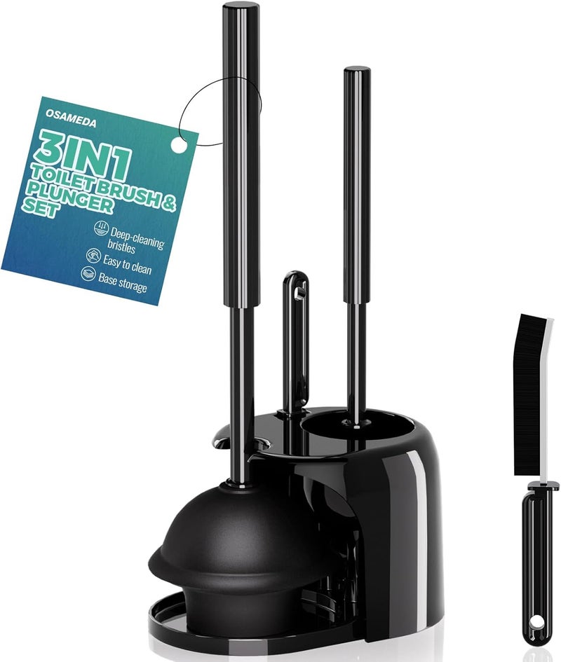 OSAMEDA 3 in 1 Toilet Brush and Plunger Set with Crevice Cleaning Brush, Toilet Plunger and Brush Set with Extra Long Handle, Plungers for Bathroom Accessories, Toilet Plunger with Holder, Black - Image 1
